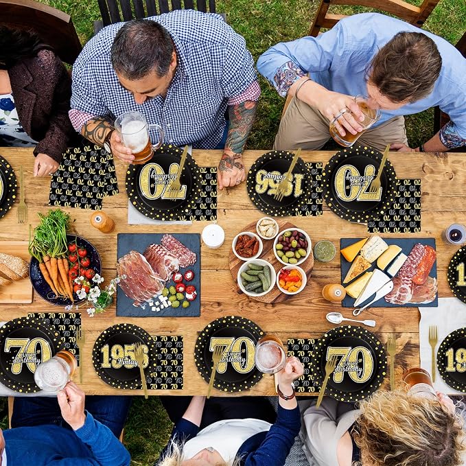 200PCS 70th Theme Birthday Party Tableware Vintage 1956 Party Supplies 70 year old Birthday Party Decorations Plates Napkins Forks Black and Gold Dinnerware Favors for Men or Women
