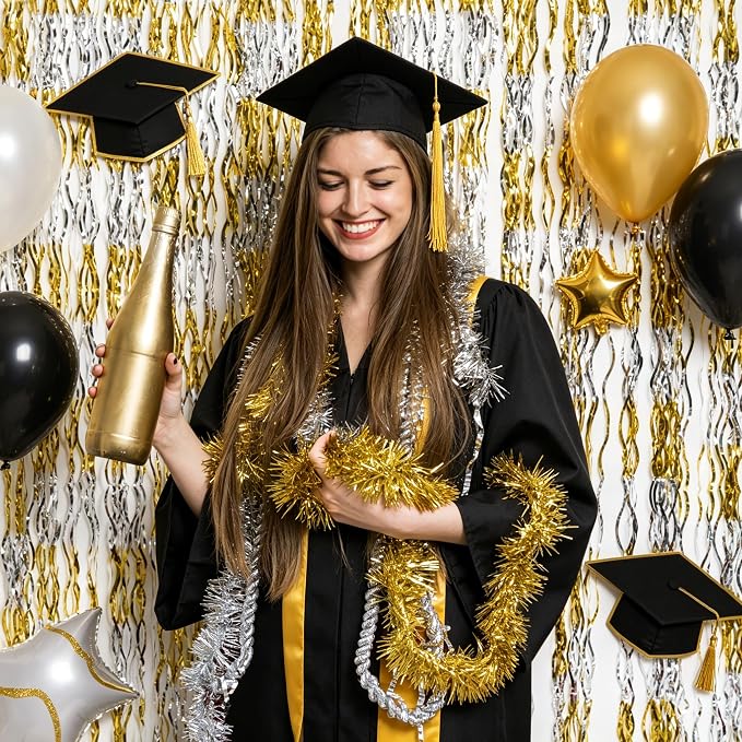 GOER Metallic Tinsel Foil Fringe Curtains Party Photo Backdrop Party Streamers for Birthday,Graduation,New Year Eve Decorations Wedding Decor (5 Packs,Gold&Silver)