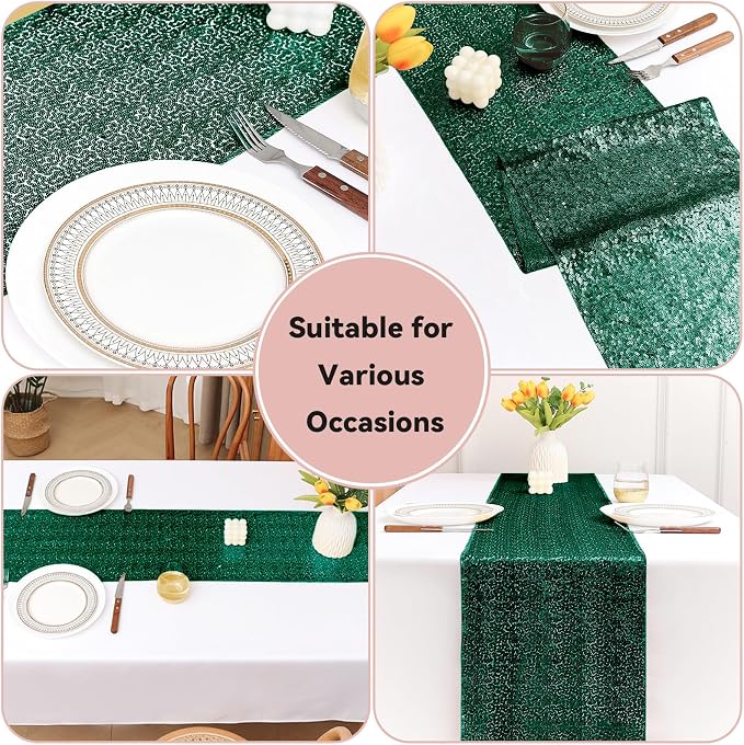 Sugargirl 10 Packs 12 x 72 inches Sequin Table Runner, Glitter Dark Green Table Runner for Birthday Party Supplies Wedding Holiday Celebration Event Decorations