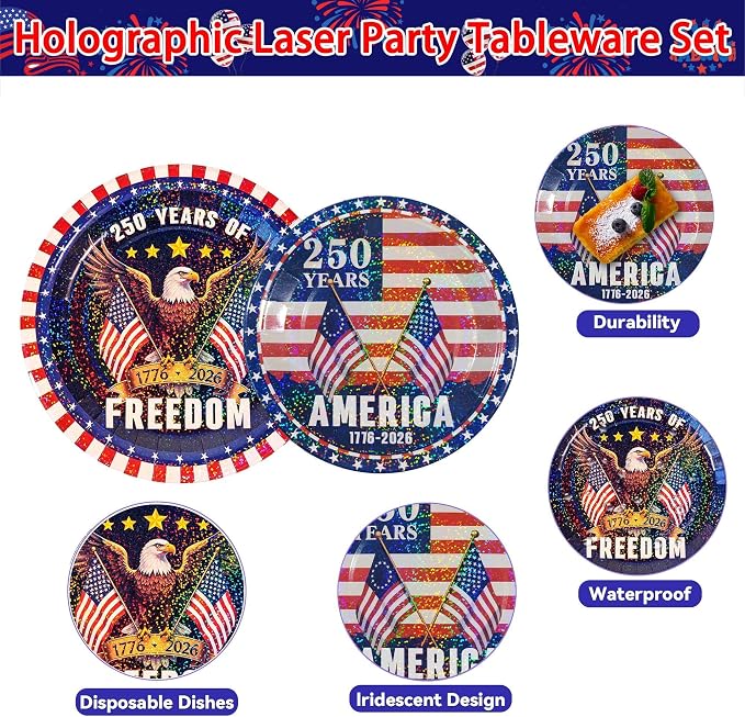 Iridescent USA 250 Years Anniversary Party Tableware Decorations Kit, Holographic Laser Plates(9”+7”), Sparkling Patriotic Tablecloth 9ft, Cups Napkins for 4th of July, Kids Birthday, Patriotic Party