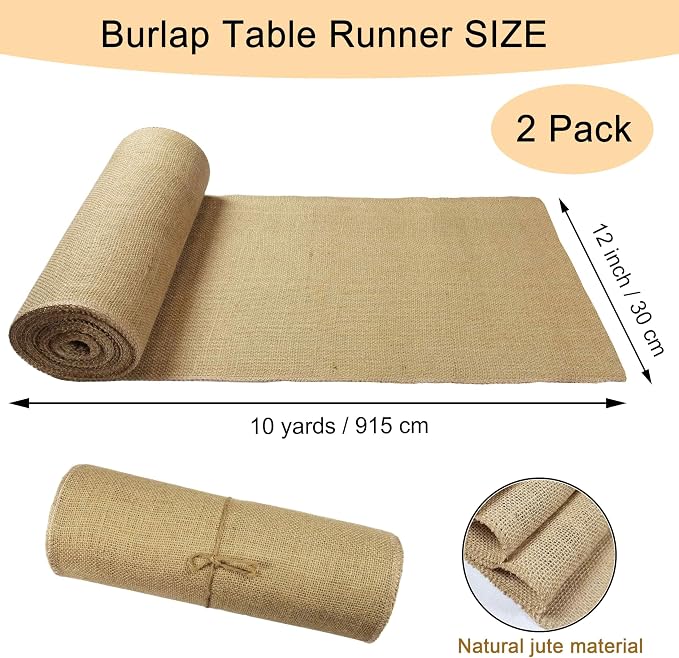 2 Pack 12 inch x 10 Yards Burlap Table Runners, Burlap Roll,Natural Rustic Jute Table Runner Bulk for Western Wedding Table Decorations,Farmhouse Style Party,Kitchen Coffee Table Decor Cover