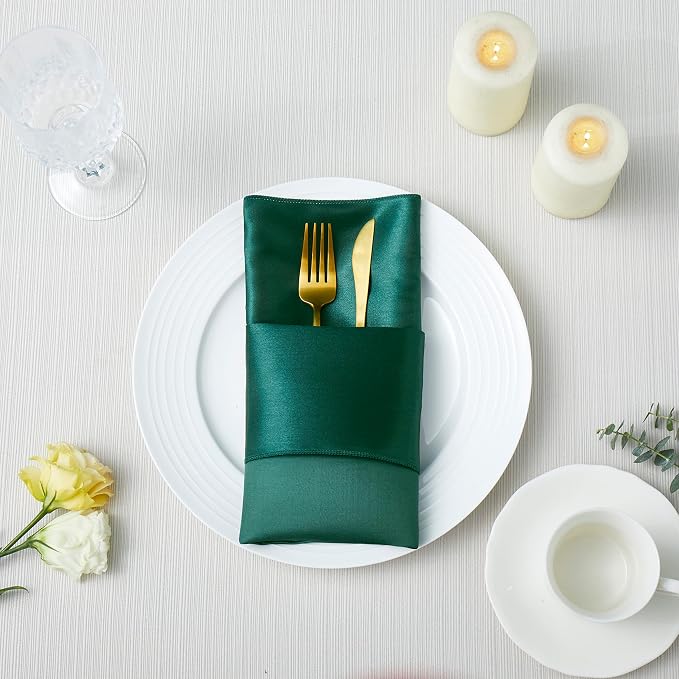 100 Pack Square Satin Dinner Napkins, 20x22 Inches Silky Soft Smooth Table Cloth Napkins for Restaurant Weddings Banquet Party Decoration, Blackish Green