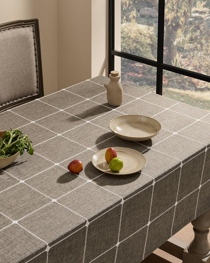 ZeeMart Grid Embroidered Hemmed Tablecloths, Cocoa Brown 52x70 Inch, Farmhouse Style Heavy Weight Cotton Linen Brown Tablecloths, Boho Plaid Water Resistant Rectangle Table Cloth