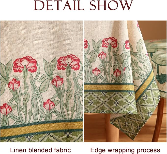patdrea Vintage French Linen Tablecloth,Rectangular,87"x63"-Cecilia D | Colorful Elegant Table Cloth for Rectangle Table,Floral Vine Patterned,Dining Room Tea Party Thanksgiving Decor