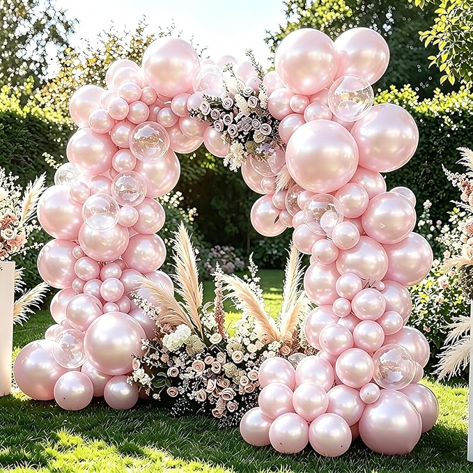 Pearl Pink Balloons With Pearl Stickers, 98PCS Pearl Peach Double Stuffed Balloons Garland Arch Kit, 18/12/10/5 inch Different Size Balloons for Wedding Bridal Baby Shower Engagement Decorations