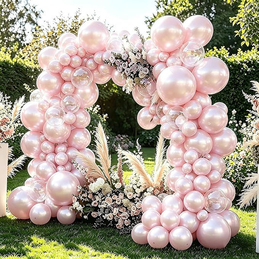 Pearl Pink Balloons With Pearl Stickers, 98PCS Pearl Peach Double Stuffed Balloons Garland Arch Kit, 18/12/10/5 inch Different Size Balloons for Wedding Bridal Baby Shower Engagement Decorations