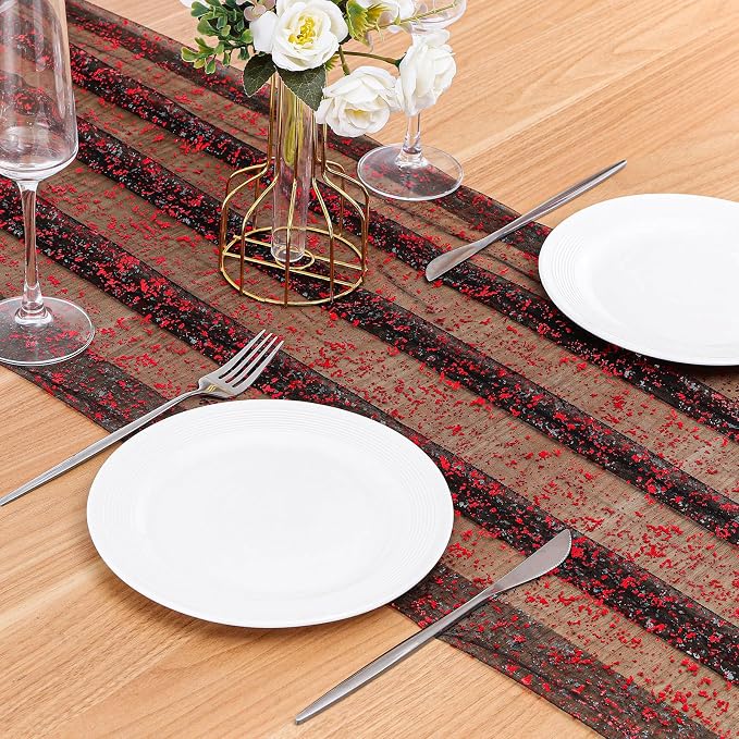 BINBE 1PCS Table Runner 10Ft Sheer Chiffon Fabric Cheesecloth Sequin Glitter Table Runner for Wedding Birthday Party Decor Black Red