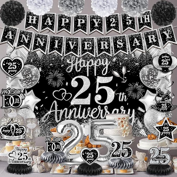 25th Wedding Anniversary Decorations Black Silver Happy 25th Anniversary Banner Backdrop Honeycomb Centerpiece Hanging Swirls Pom Poms for 25 Years Silver Wedding Party Decorations Supplies