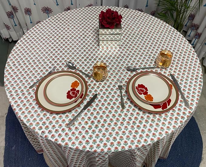 Ridhi Round Tablecloth Hand Block Print 100% Cotton Reusable Meca Orange 60 Inch Table Cover Decorative Everyday Use for Dining, Home, Party, Wedding, Farmhouse, Party Gift for Spring, Mother's Day