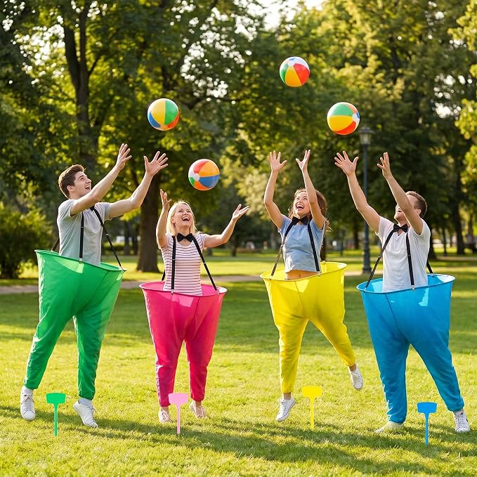 Giant Granny Pants Game - 4 Oversized Pants Ball Catch Outdoor Game for Adults Family Party, Big Tossing Fun Activities Set with 16 Balls, 3 Medals, 2 Air Pumps for Backyard Lawn Field Day