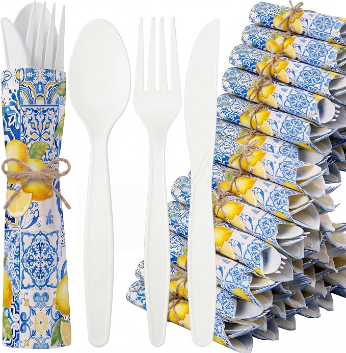 400 Pcs Capri Lemon Party Supplies Biodegradable Disposable Tableware Set for 100 Guest Knives Spoon Fork Paper Napkins Mediterranean Lemons Supplies for Bridal Shower Wedding Bridesmaid Gift