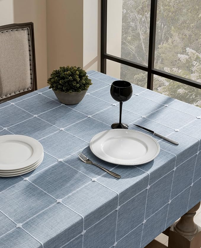 ZeeMart Grid Embroidered Hemmed Tablecloths, Blue 60x104 Inch, Farmhouse Style Heavy Weight Cotton Linen Dusty Blue Tablecloths, Boho Plaid Water Resistant Rectangle Table Cloth