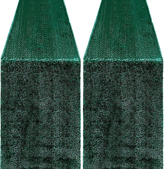 2 Packs 12 x 72 inches Sequin Table Runner, Hunter Green Glitter Table Runner for Birthday Party Supplies Wedding Engagement Baby Shower Holiday Celebration Event Decorations