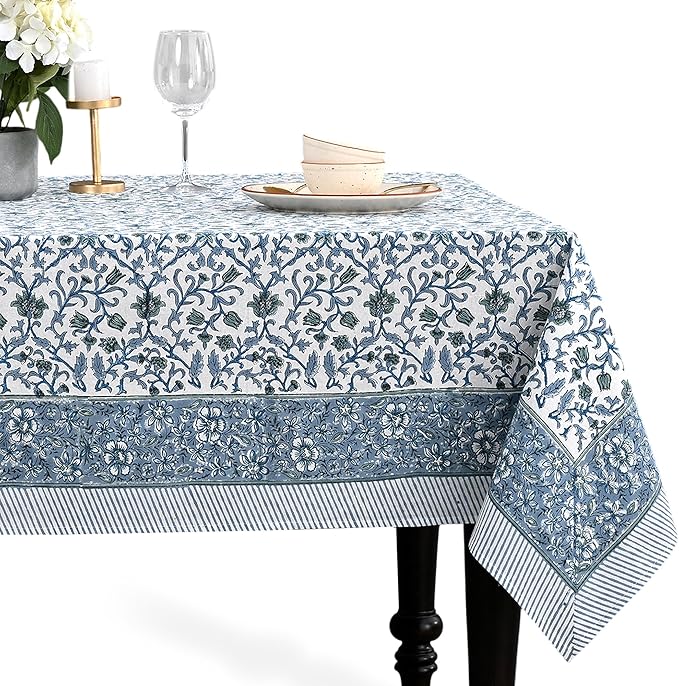 CPC Ocean Vine Tablecloth 100% Cotton 70x108 Inch Indian Block Print Rectangle Table Cover, Table Cloth for Gifting in Weddings, Halloween, Fall, Christmas, Thanksgiving