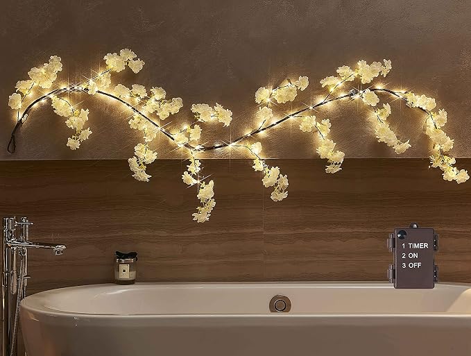 LITBLOOM Cherry Blossom Garland with Lights Battery Operated with Timer 96 Fairy Lights 6FT, Lighted White Flower Garland for Mantle Fireplace Wedding Party Spring Decoration Indoor Outdoor