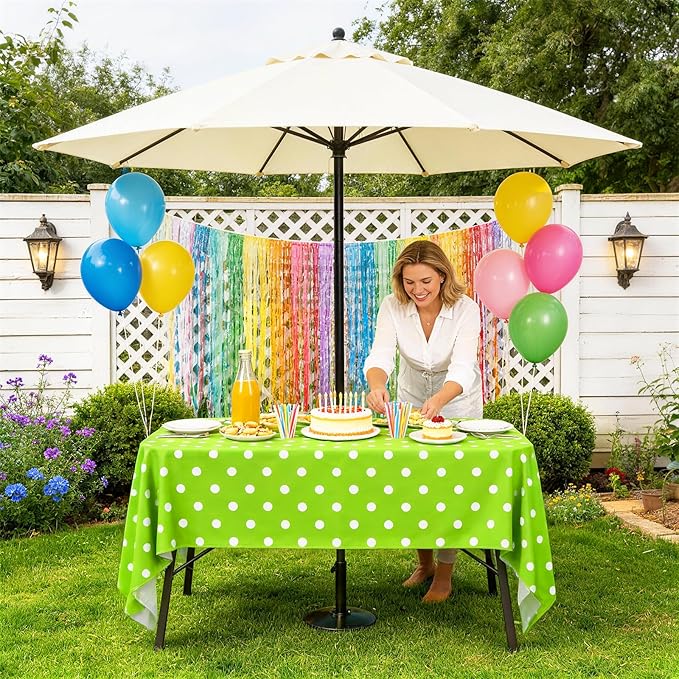 Poise3EHome 60X84 Outdoor Spillproof Rectangle Tablecloth with Umbrella Hole and Zipper for Camping Picnic Party Patio Table Spring, Green Polka Dot