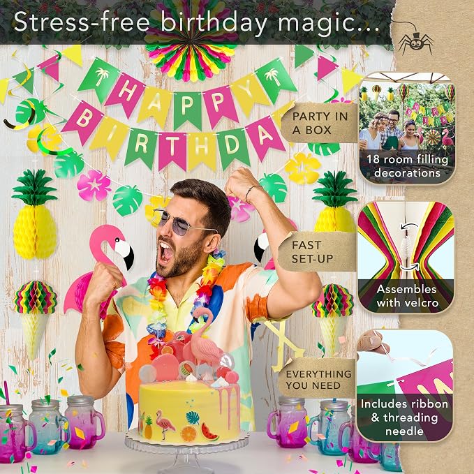 Premium Reusable Luau Party Decorations - Hawaiian Party Decorations, Happy Birthday Decorations - Aloha / Happy Birthday Banner, Pineapple, Flamingo Decor- Summer / Beach / Tropical Party Decorations