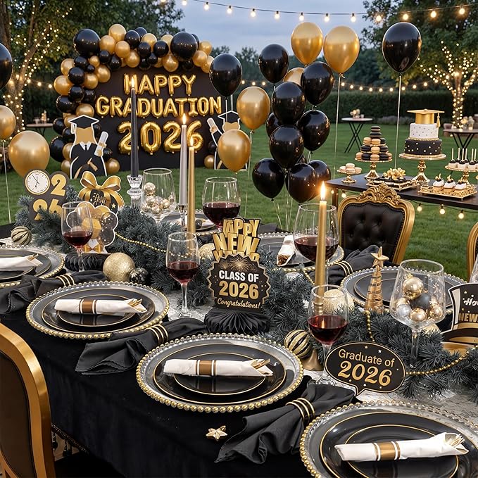 KIRE 350 PCS Plastic Dinnerware Set for 50 Guests - Black and Gold Plates 50 for Dinner 50 for Dessert & 50 Pre Rolled Napkins with Disposable Silverware 50 Cups for Graduation/Banquet/Wedding