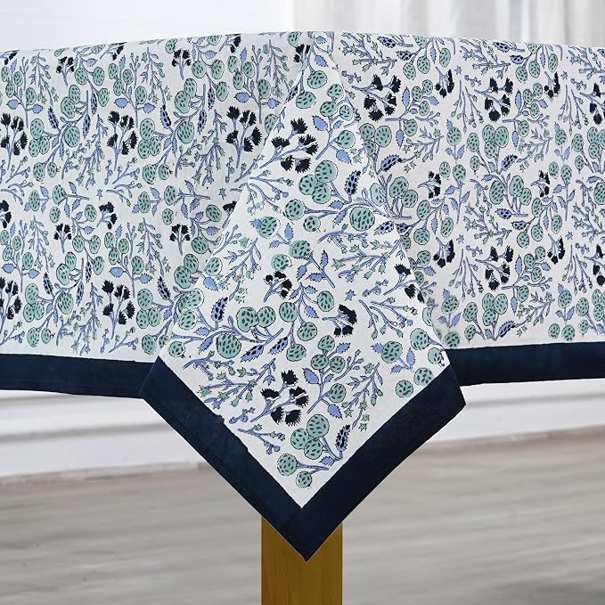 Ridhi Denim Blue Hand Block Print Cotton Rectangle Tablecloth 102" x 48" inches Reusable Table Cover Decorative Everyday Use for Dining Room, Farmhouse, Home Gift for Spring, Mother's Day