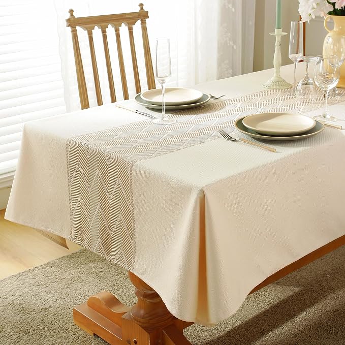 Nordic Faux Linen Tablecloth, Rectangle Modern Cream Beige Cover | Stain Resistant & Spillproof Minimalist Solid Table Cloth for Kitchen Dining Room Dinner Decor