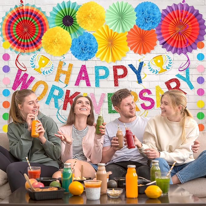 Roetyce Work Anniversary Party Decorations Women Men, Colorful Happy Workiversary Banner Paper Fans, Happy Work Anniversary Photo Backdrop Background for Employee Coworker Office Party Supplies