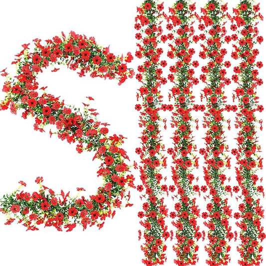 4 Pcs 6 ft Artificial Flowers Wisteria Garland-Total 24 ft Fake Hanging Wisteria Flowers Green Vines Garlands, Faux Flower Daisy with Eucalyptus Leaves for Garden Decor (Red)