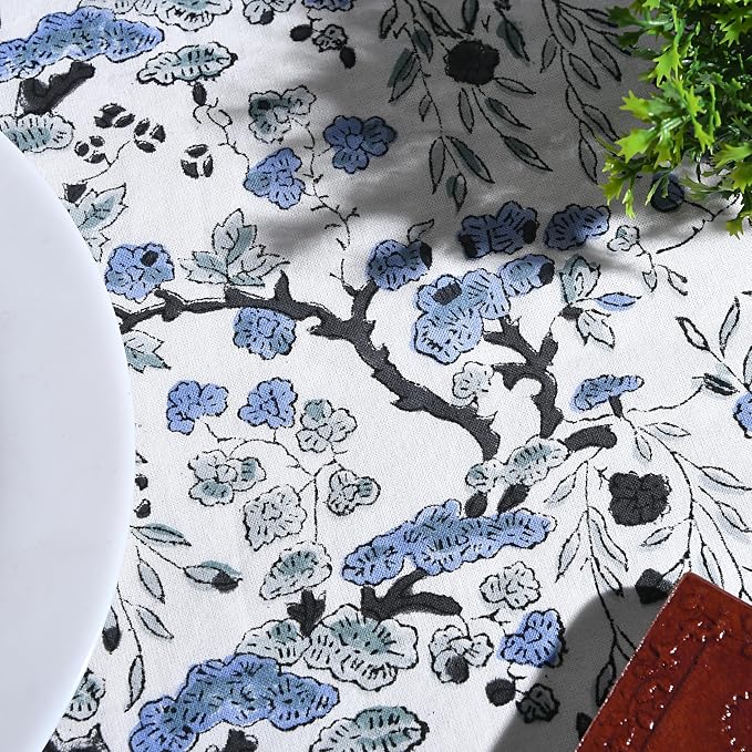 Ridhi Round Tablecloth Hand Block Print 100% Cotton Reusable Spruce Carolina Blue 60 Inch Table Cover Decorative Everyday Use for Dining, Home, Party, Wedding, Farmhouse Gift for Spring, Mother's Day