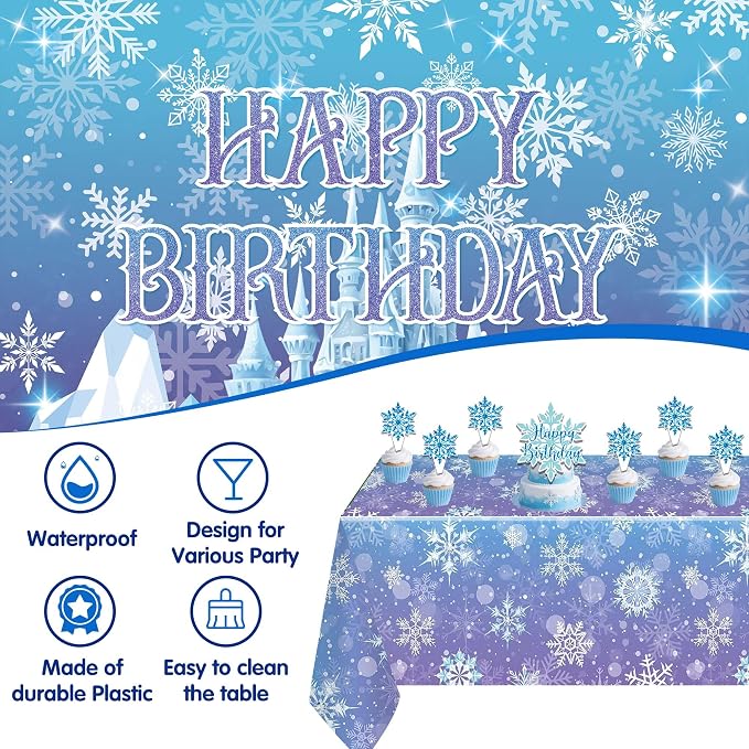 Frozen Birthday Party Decorations For Girls,Happy Birthday Backdrop,Banner,BlueBalloons,Table Cloth,Paper pom poms Party Supplies for Women