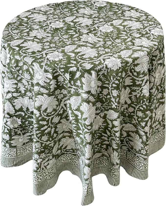 ATOSII Noori Green 100% Cotton Round Tablecloth, Handblock Print Floral Table Cloth for Kitchen Dining Linen I Parties, Weddings, Outdoors I Summer Home Decor 72" Inches Round