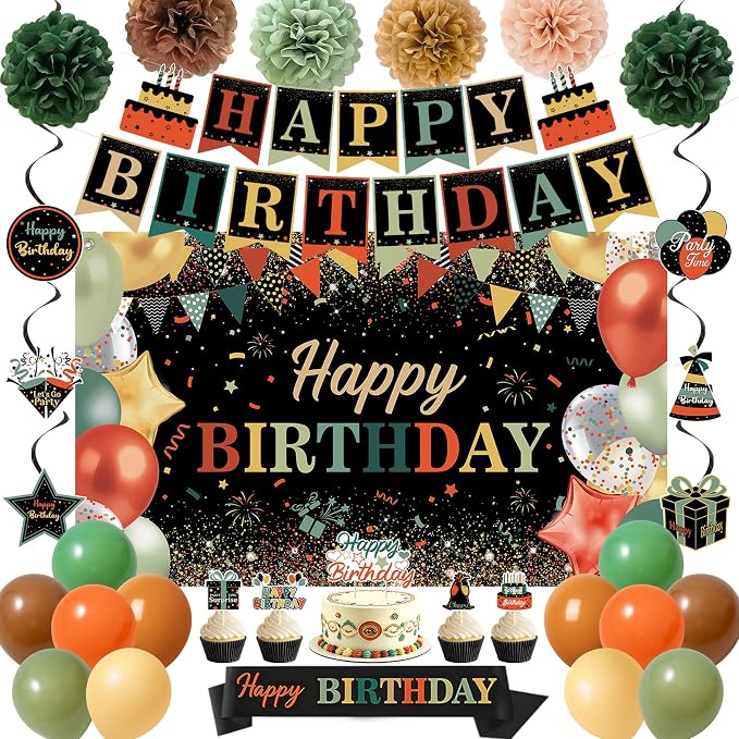 DARUNAXY Colorful Birthday Party Decorations Set | Happy Birthday Banner & Sash, Balloons Pom Poms Cake Topper Decor, Birthday Gifts Party Supplies for Men Women Boys Girls