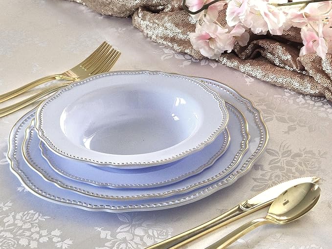 " OCCASIONS " 640pcs set (80 Guests)-Heavyweight Wedding Party Disposable Plastic Plate Set -80 x 10.25'' + 80 x 7.5'' + Silverware + Cups + Napkins (Rochelle Blue and Gold)