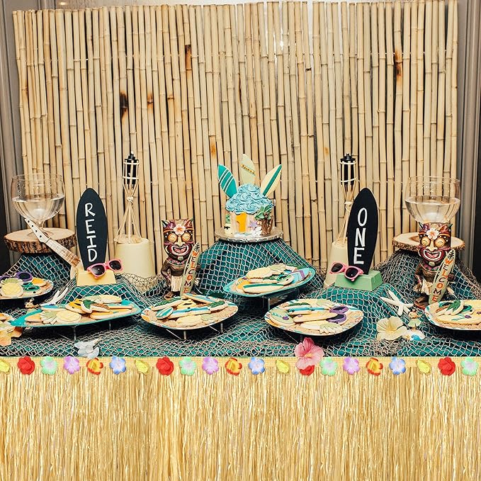 Fovths 4 Pack Luau Grass Table Skirt Natural 9 Feet x 29.5 Inch Hawaiian Table Skirt for Tropical Hawaiian Party Decorations Luau Party Costume Party, Straw Yellow
