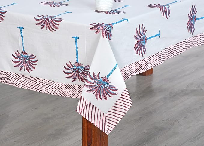 Ridhi Red Palm Hand Block Print Cotton Rectangle Tablecloth 120" x 80" inches Reusable Table Cover Decorative Everyday Use for Dining Room, Farmhouse, Home Gift for Spring, Mother's Day