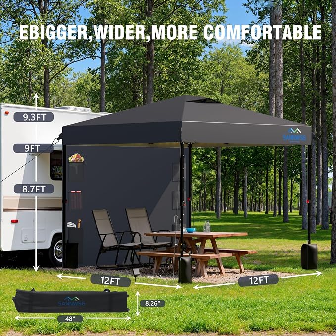 12X12 Pop Up Canopy Tent,Heavy Duty One Person Set Up Event Tent,Removable Pockets Sidewall, Easy Up Canopy with One Push Button for Extra Storage,Grey