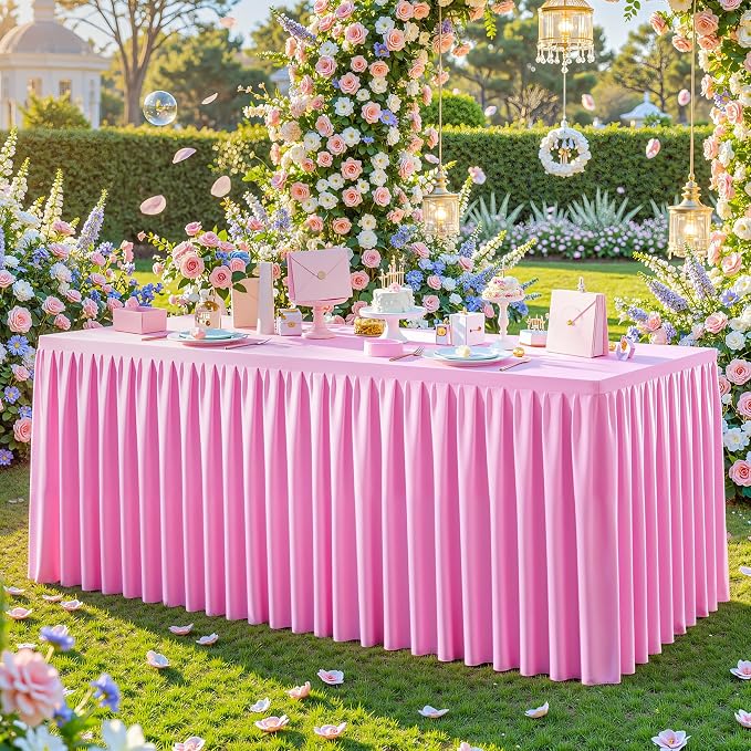 Pink Polyester Table Cloths for Rectangle 6 Foot Tables, 6 Pack Wrinkle Free Tablecloths Stretchy Banquet Ruffle Fitted Table Cover Desk Skirt for Parties Wedding Birthday Baby Shower