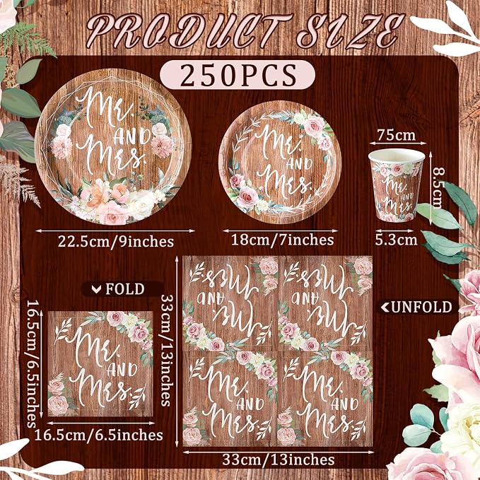 Zhehao 250 Pcs Rustic Bridal Shower Paper Plates Napkins Set Mr and Mrs Party Tableware 50 Pcs 9'' Dinner Plates and 7'' Dessert Plate 9 Oz Cup 100 Napkin Serves 50 for Engagement Wedding Decoration
