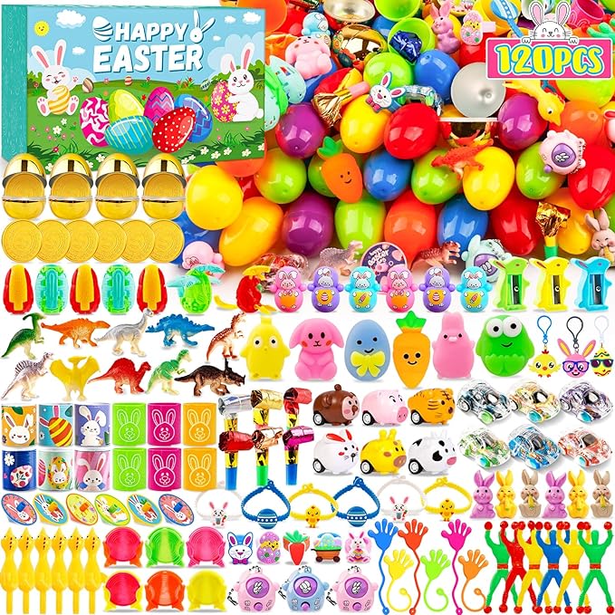 Adisher [ 6 Surprise Golden Eggs ] 120Pcs Prefilled Easter Egg with Assorted Toys, Plastic Easter Eggs Fillers for Kids, Basket Stuffers,Egg Hunt Party Favors Classroom Prizes Supplies for Boys Girls