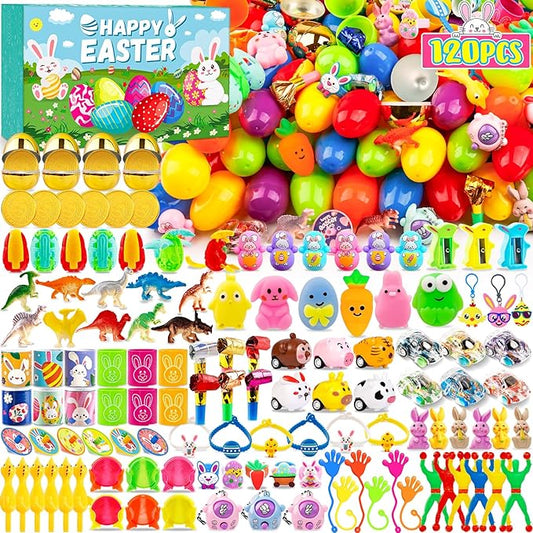 Adisher [ 6 Surprise Golden Eggs ] 120Pcs Prefilled Easter Egg with Assorted Toys, Plastic Easter Eggs Fillers for Kids, Basket Stuffers,Egg Hunt Party Favors Classroom Prizes Supplies for Boys Girls