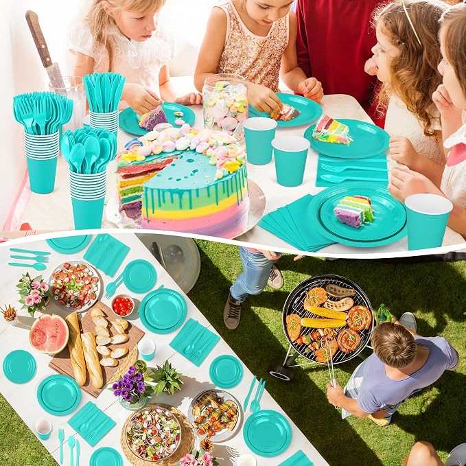 Kochorie 350 Pieces Teal Blue Dinnerware Set, 7 & 9 inch Dessert Paper Plates Cups Napkins Plastic Cutlery Disposable Party Supplies for Birthday Baby Shower Wedding, Serve 50 Guests