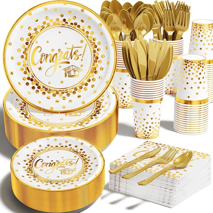 Ecomore 2026 Graduation Party Decoration - 350 PCS White Gold Grad Supplies Disposable Dinnerware (Severs 50) w/Congrats Paper Plates Napkin Cup Plastic Cutlery for College High School Class of 2026