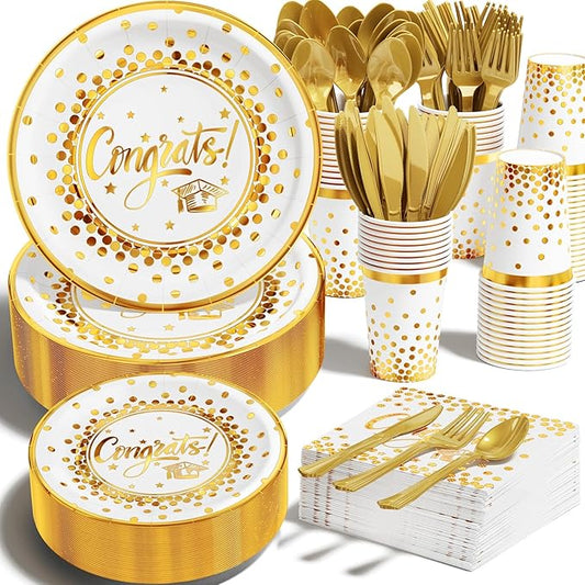 Ecomore 2026 Graduation Party Decoration - 350 PCS White Gold Grad Supplies Disposable Dinnerware (Severs 50) w/Congrats Paper Plates Napkin Cup Plastic Cutlery for College High School Class of 2026