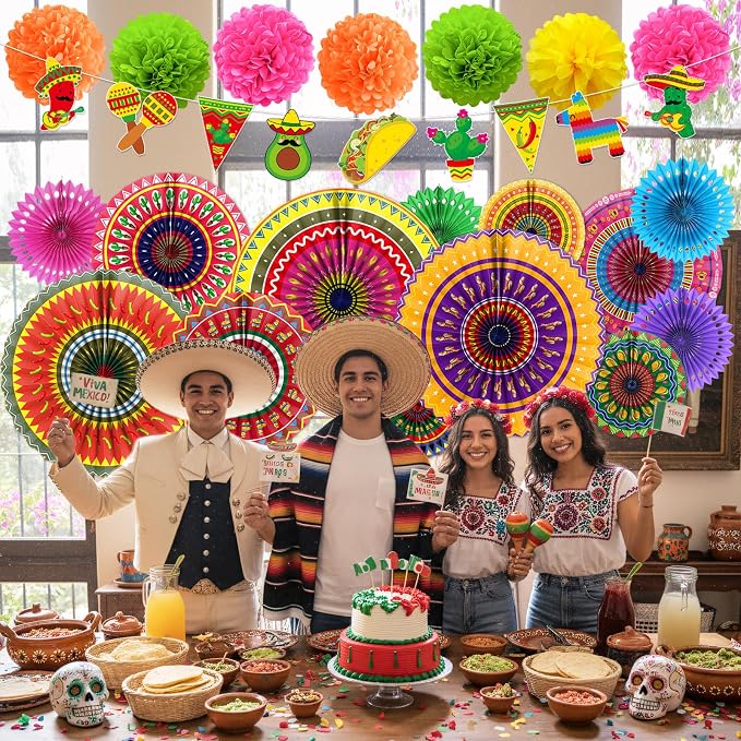 Rakuto Fiesta Party Decorations Set, 18PCS Mexican Taco Theme Colorful Banners and Paper Fans Birthday Decorations, Cinco De Mayo Paper Pom Poms Decor for Wedding Rainbow Party Supplies