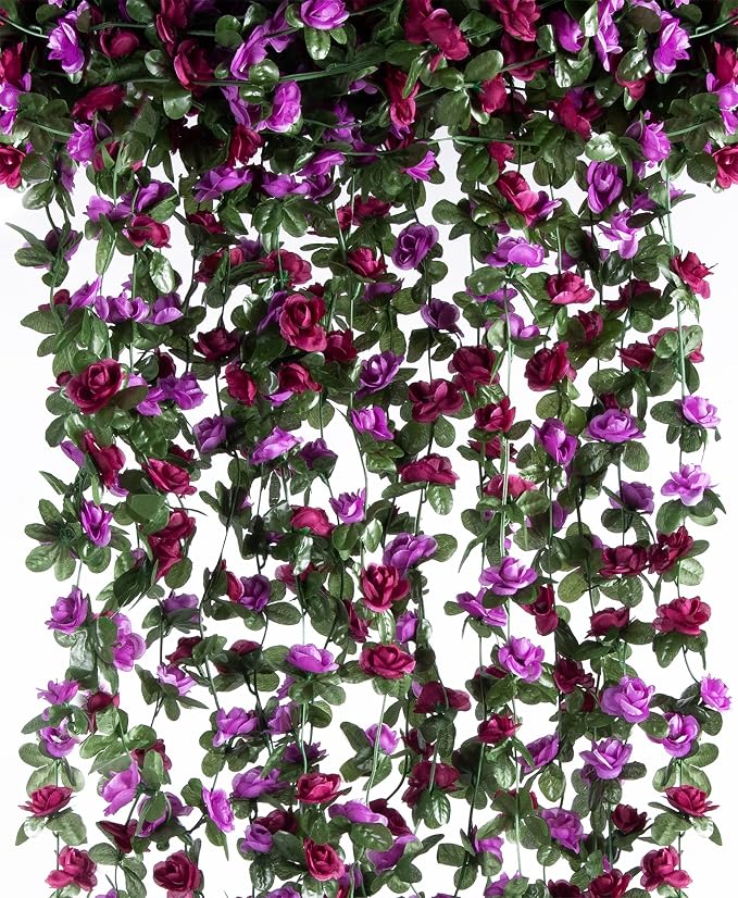 PONKING 8 Pcs x 8.2 ft Flower Garland Artificial Rose Vine Flowers with Green Leaves Hanging Fake Roses Vine for Room Party Home Wedding Birthday Christmas Wall Arch Decor, Spring Purple Flower