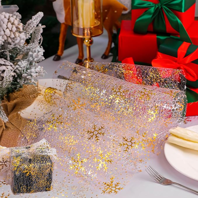 Snowkingdom 2 Pcs Christmas Snowflake Gold Table Runner Sparkly Golden Metallic Foil Runners Decorations Glitter for Winter Festival Holiday Home Party Seasonal