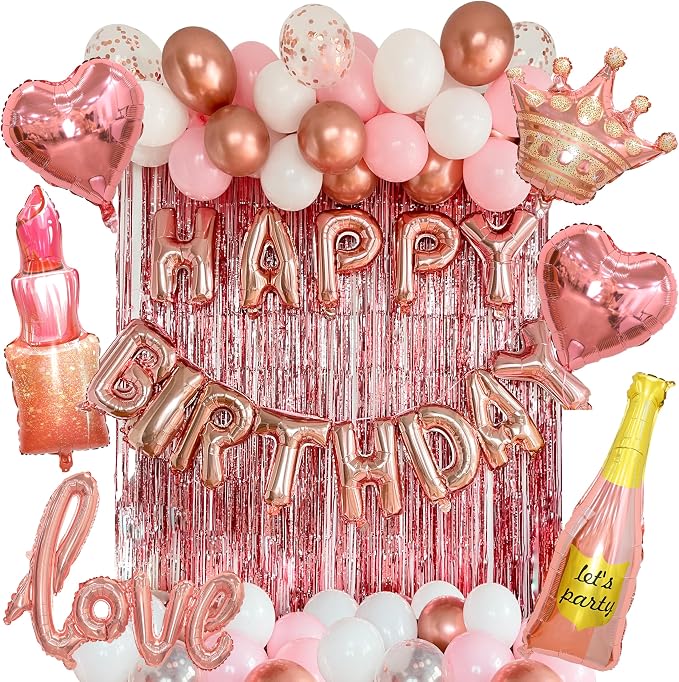 VIDAL CRAFTS 71-Piece Rose Gold Birthday Decorations for Women - Party Backdrop with Latex, Foil & Confetti Balloons, Happy Birthday Decorations Banner & Rose Gold Foil Fringe Curtains