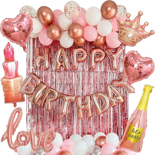 VIDAL CRAFTS 71-Piece Rose Gold Birthday Decorations for Women - Party Backdrop with Latex, Foil & Confetti Balloons, Happy Birthday Decorations Banner & Rose Gold Foil Fringe Curtains