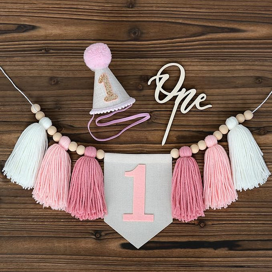 Boho Pink Handmade 1st Birthday High Chair Banner with Wild One Cake Topper 1 Birthday Cone Hat Happy Birthday Party Decorations for Baby Girls Photoshoot Props Photo Props