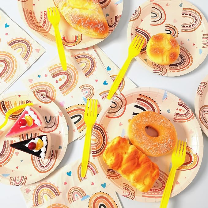 Boho Rainbow Party Plates Napkins Decorations Serves 24, Groovy Hippie Party Supplies Tableware Set for Boho Rainbow 1st Birthday Baby Shower Disposable Paper Plates Napkins Forks for Girl Boy, 96 Pcs