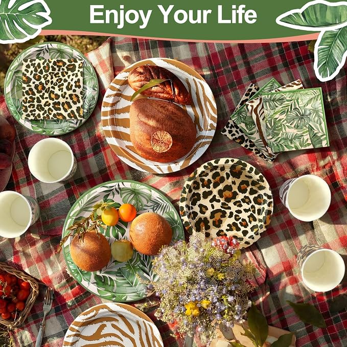 Domensi 220 Pcs Jungle Safari Animal Party Supplies Serves 40 Guest Safari Theme Tableware Set Disposable Wild Animal Print Paper Plate Cup and Napkin for Jungle Baby Shower Birthday Party Decoration