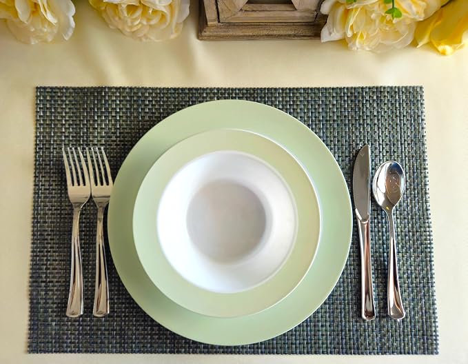 " OCCASIONS " 100 Plates Pack,(50 Guests) Heavyweight Wedding Party Disposable Plastic Plates -50x10.25'' Dinner +50x7.5'' Salad/Dessert (Rio Collection White & Pearled Green)